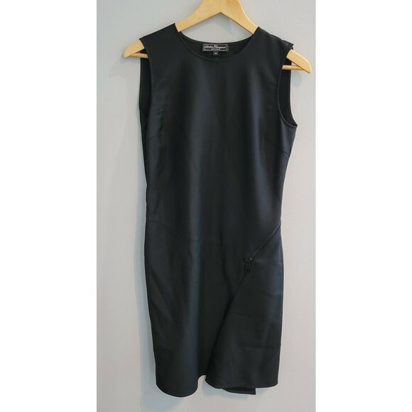 SALVATORE FERRAGAMO Black Sleeveless Asymmetrical Hem Zipper Dress 40 Small Wool - Picture 1 of 9